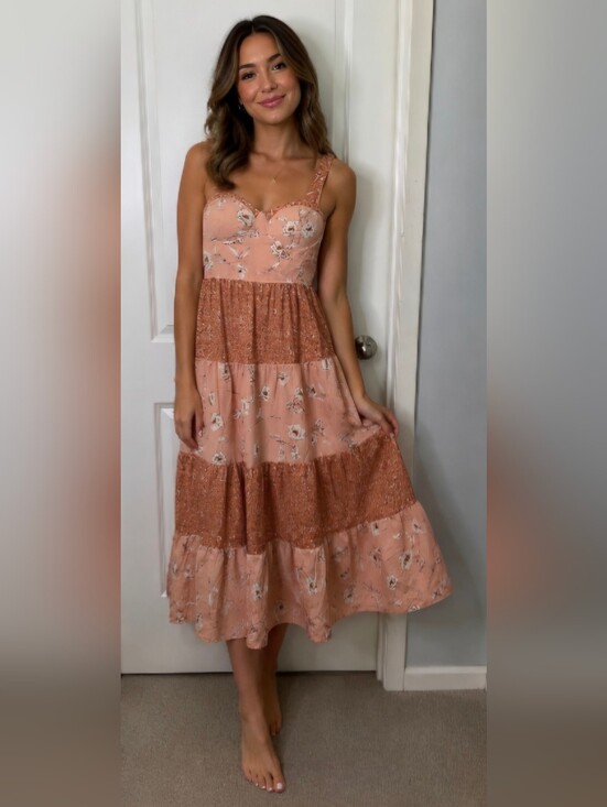 Land of the free Dresses & Skirts - Bohemian Vintage Inspired Peach Floral Tiered Maxi Dress with Sweetheart Bodice